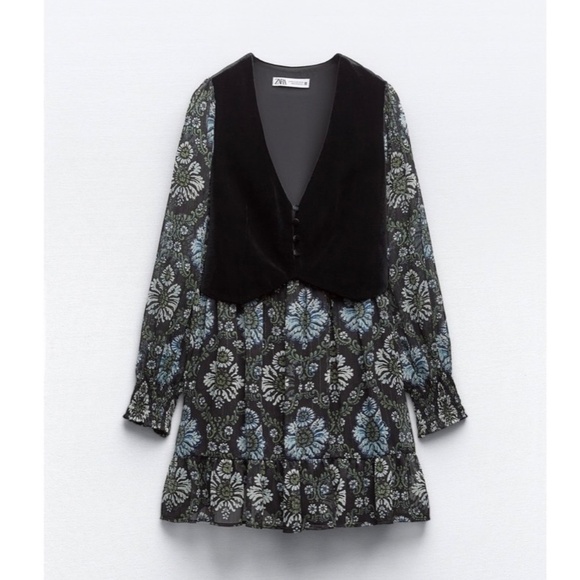 ZARA Velvet Vest Metallic Floral Print Dress Retro Ruffle Chic 8778/242 Large - Picture 11 of 16